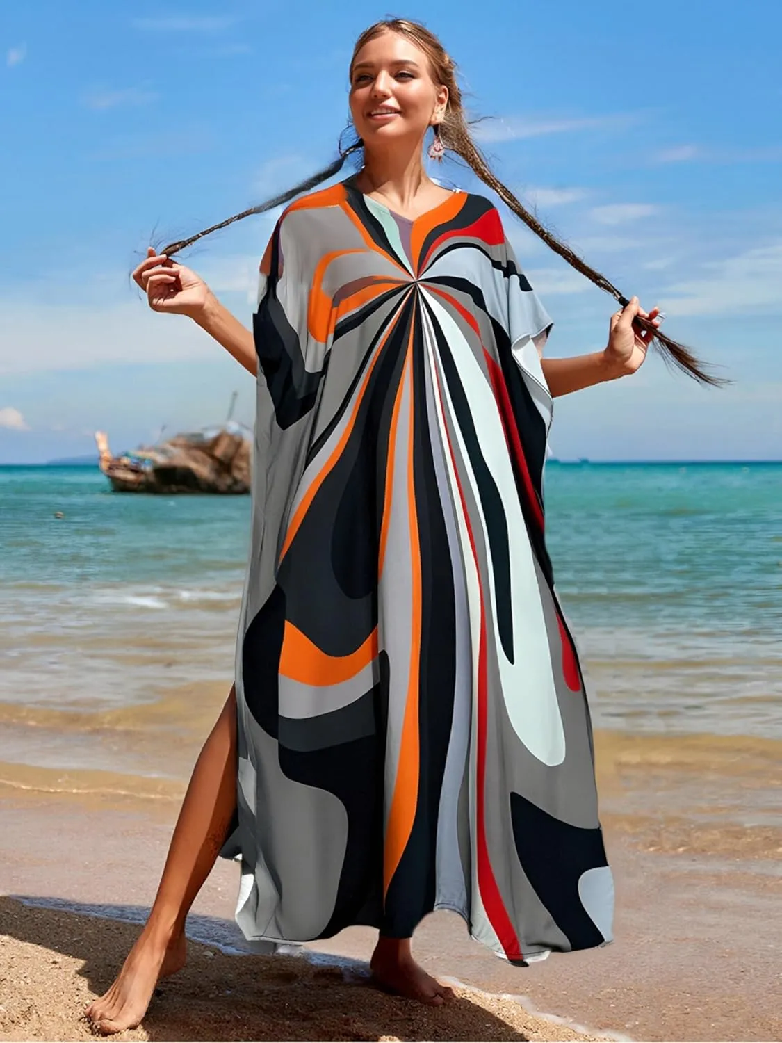 LOUSEA women's swimsuit cover up Batwing sleeve green beach long dress loose caftans for women bathing suit cover up dress