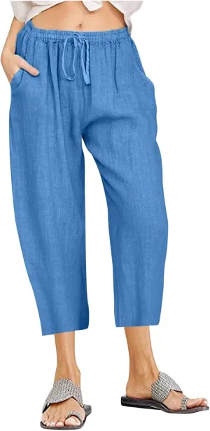 LRMQS Beach Pants Capri Length for Women 2024 Spring Summer Linen Capris Drawstring Elastic Waist Trendy Cropped Trousers