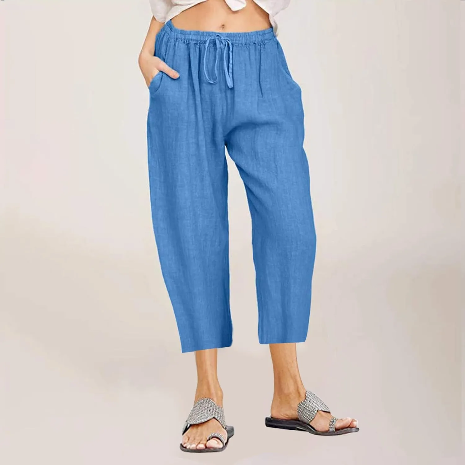 LRMQS Beach Pants Capri Length for Women 2024 Spring Summer Linen Capris Drawstring Elastic Waist Trendy Cropped Trousers