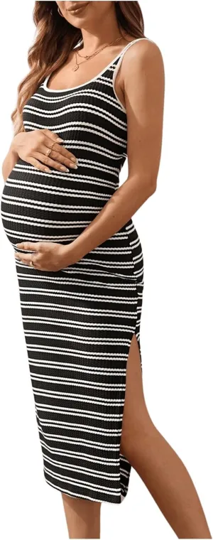 MakeMeChic Women's Maternity Tank Dress Striped Sleeveless Split Pregnancy Midi Dresses