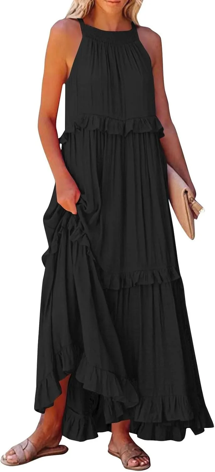 Maxi Dresses for Women 2025 Sleeveless Sexy Tiered Flowy Long Dress Summer Loose Smocked Ruffle Swing Beach Dresses