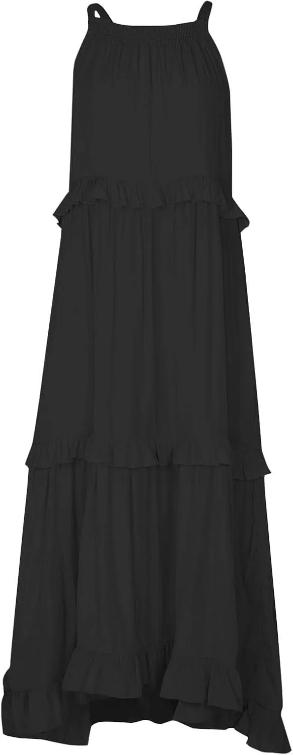 Maxi Dresses for Women 2025 Sleeveless Sexy Tiered Flowy Long Dress Summer Loose Smocked Ruffle Swing Beach Dresses