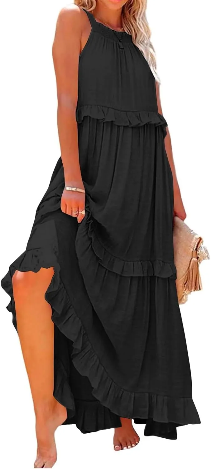 Maxi Dresses for Women 2025 Sleeveless Sexy Tiered Flowy Long Dress Summer Loose Smocked Ruffle Swing Beach Dresses
