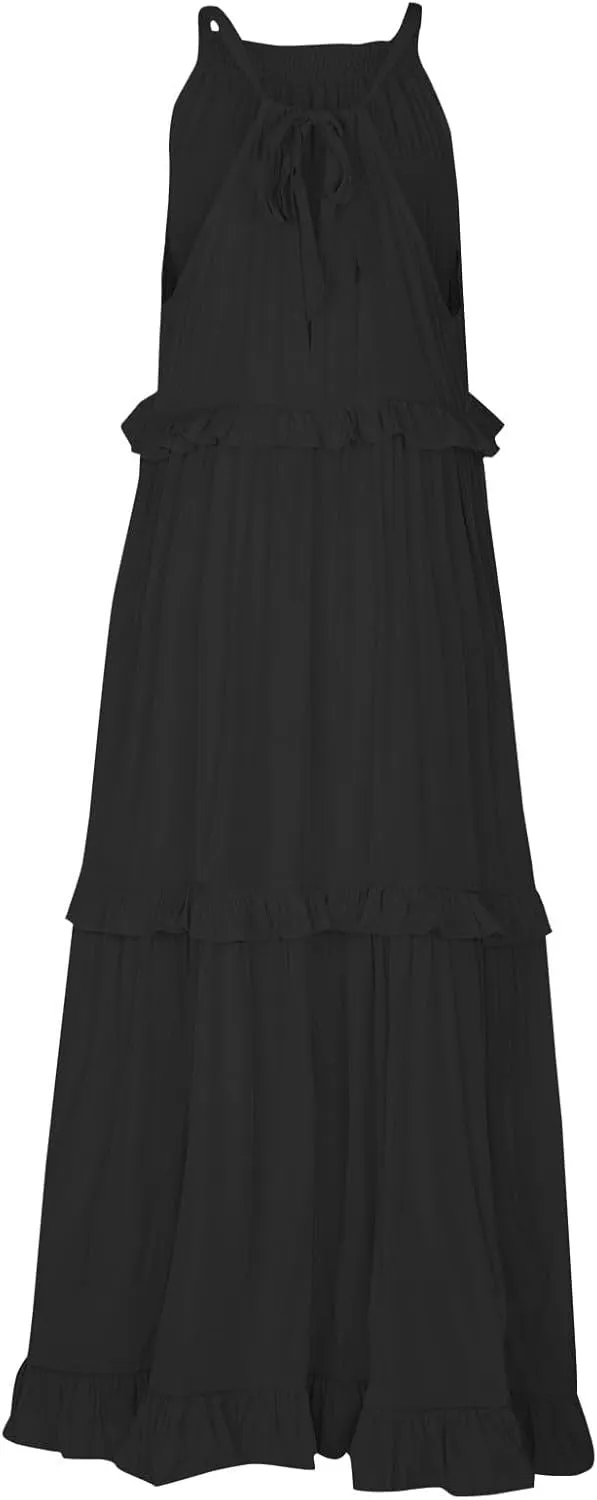 Maxi Dresses for Women 2025 Sleeveless Sexy Tiered Flowy Long Dress Summer Loose Smocked Ruffle Swing Beach Dresses