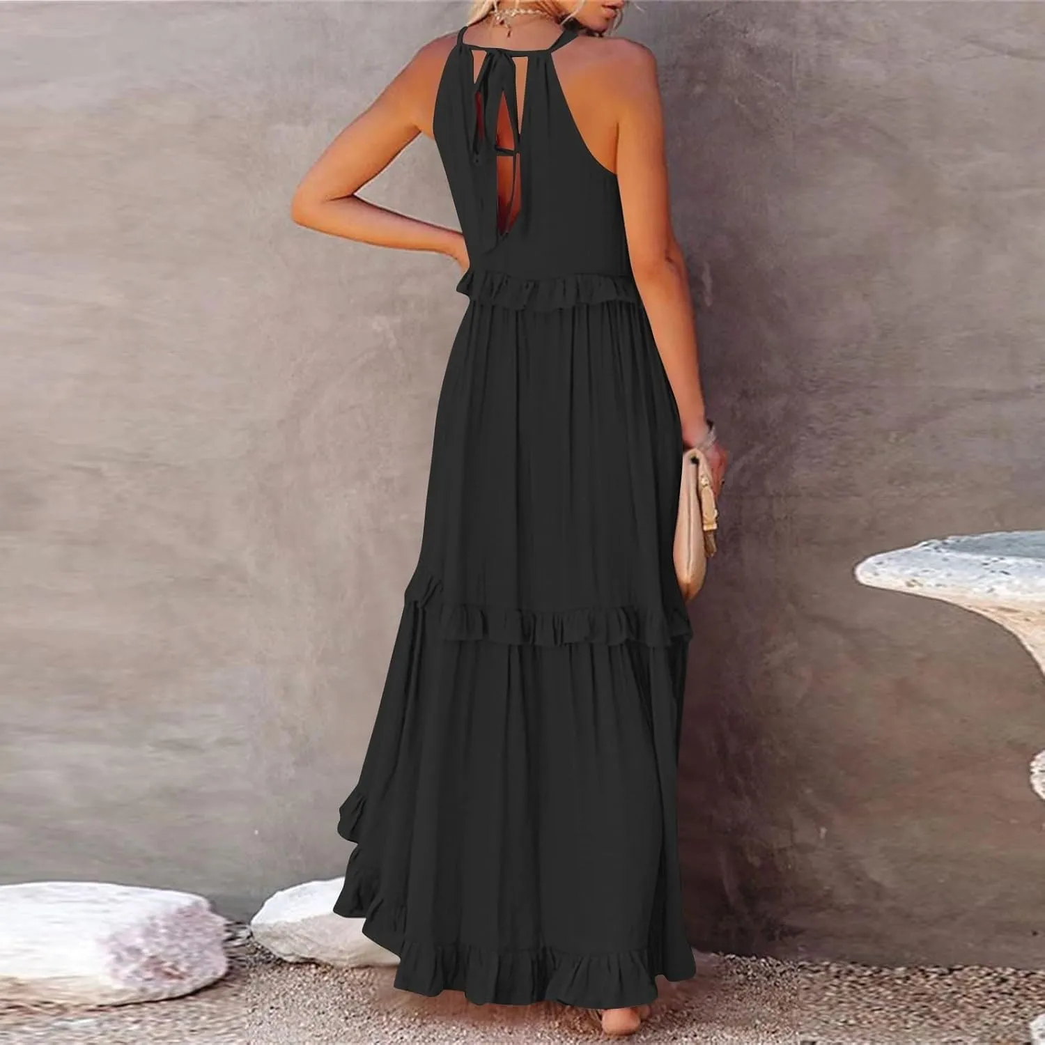 Maxi Dresses for Women 2025 Sleeveless Sexy Tiered Flowy Long Dress Summer Loose Smocked Ruffle Swing Beach Dresses