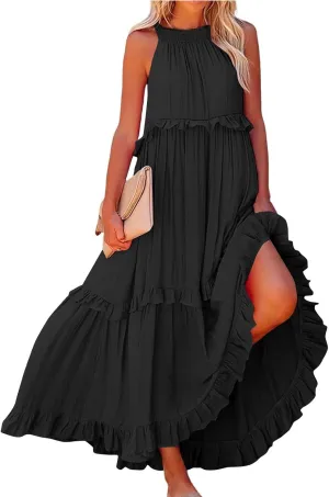 Maxi Dresses for Women 2025 Sleeveless Sexy Tiered Flowy Long Dress Summer Loose Smocked Ruffle Swing Beach Dresses