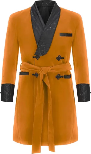 Men's Long Velvet Smoking Robe Double Breasted Jacket Blazer with Belt for Dinner Wedding Party