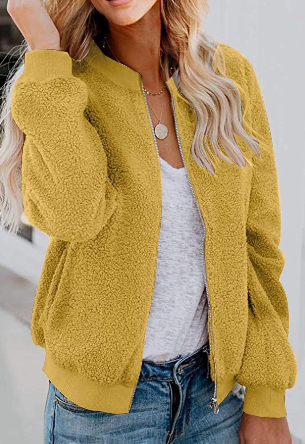MIROL Women's Sherpa Fleece Jacket Faux Fuzzy Long Sleeve Casual Zip Up Bomber Coat