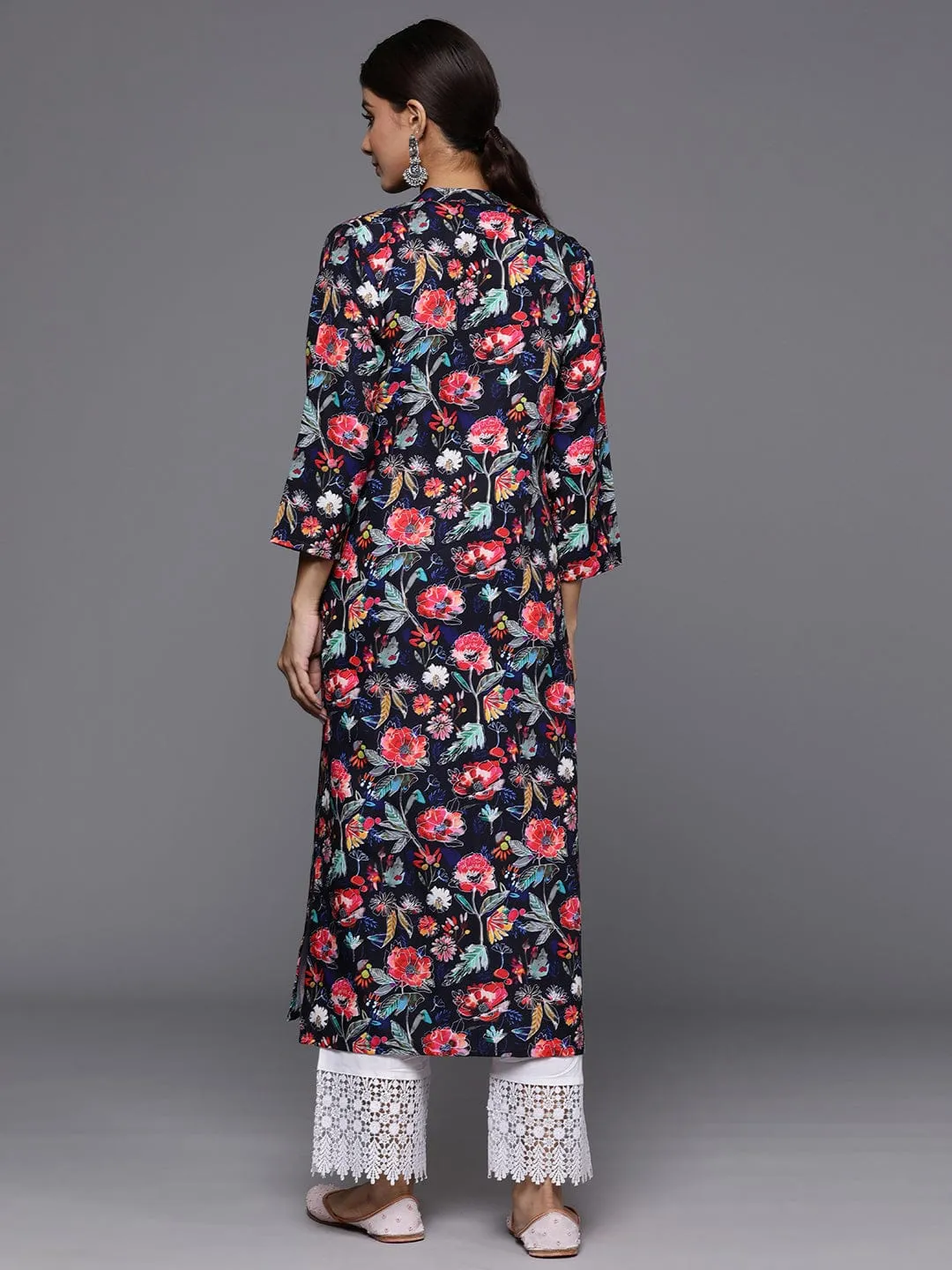 Navy Blue Floral Printed Straight Kurta