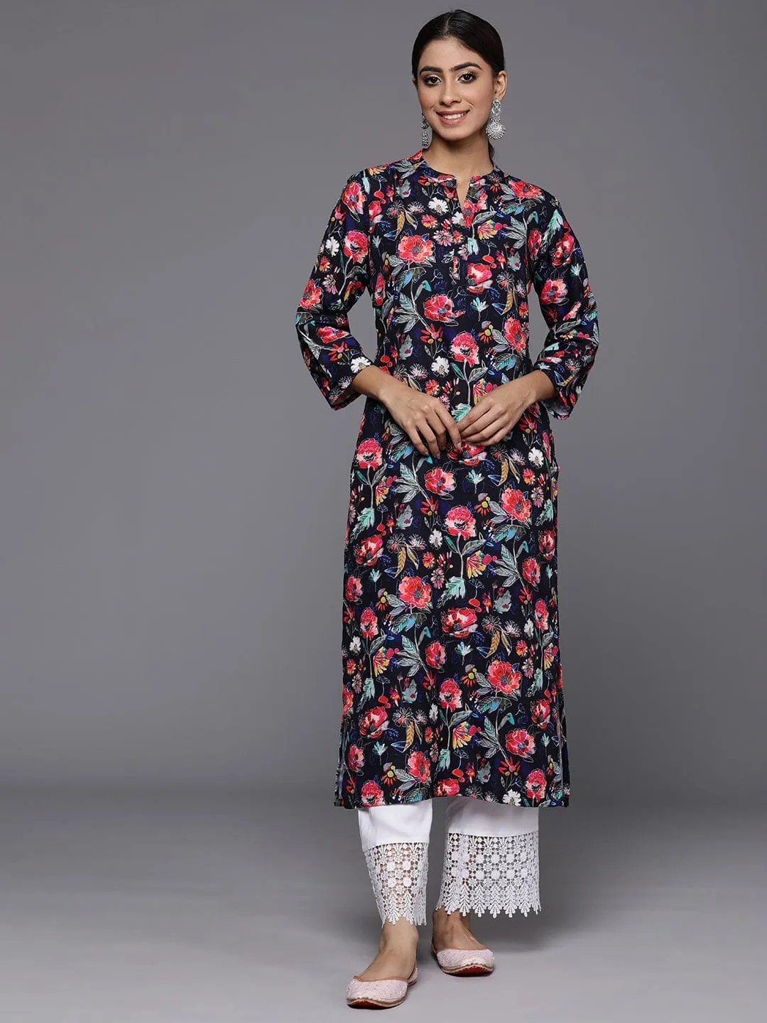 Navy Blue Floral Printed Straight Kurta