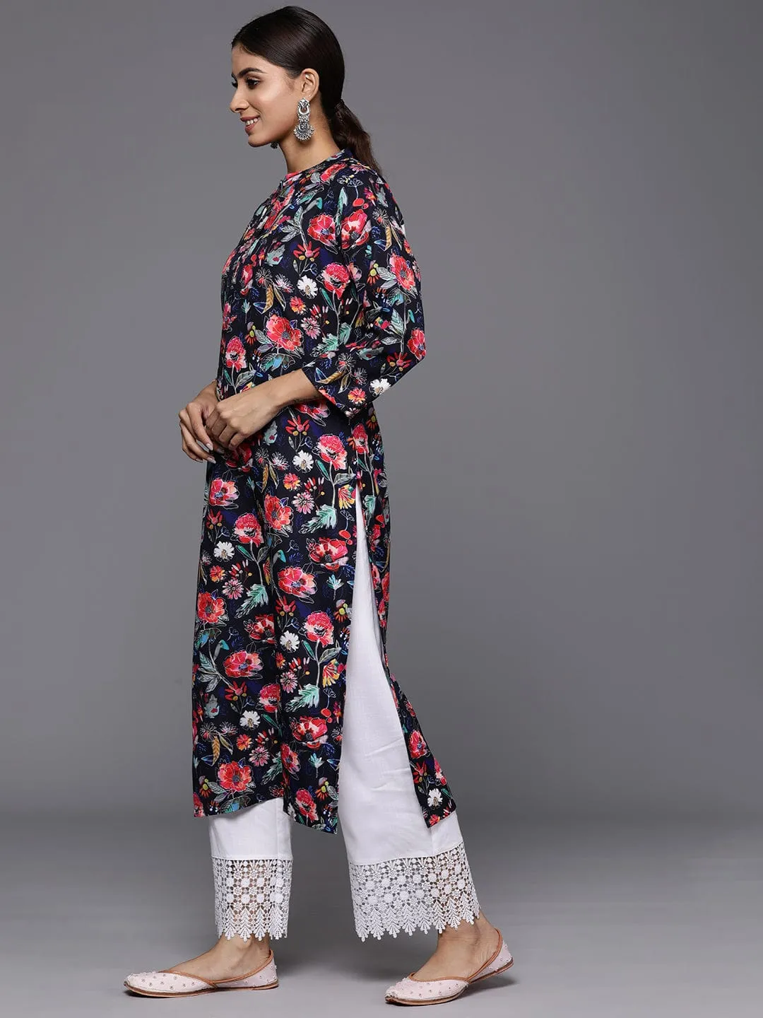 Navy Blue Floral Printed Straight Kurta