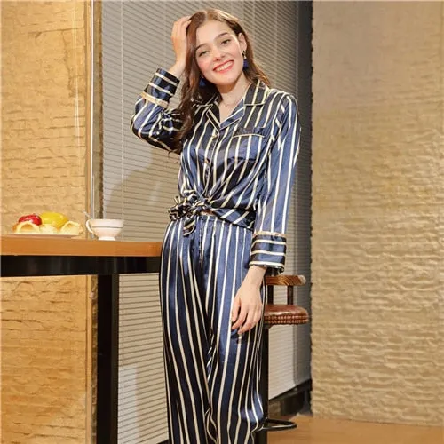 Navy Elegant Striped Knot Hem Pocket Button Trim Top And Longline Pants