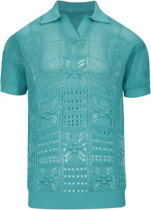 OXKNIT Men's Knitted Polo Shirts Short Sleeve Textured Hollow-Out Emerald Green Summer Shirt