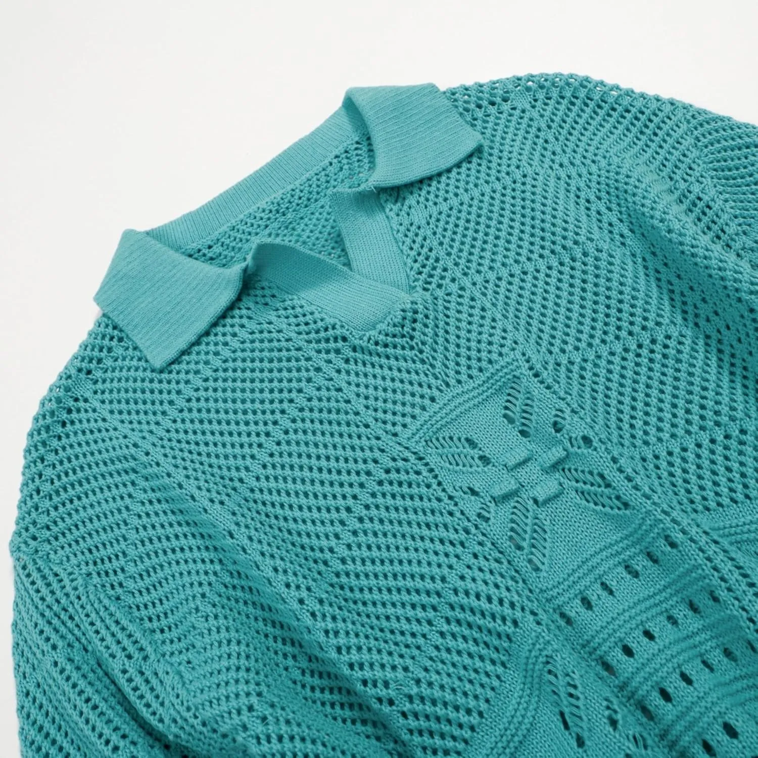 OXKNIT Men's Knitted Polo Shirts Short Sleeve Textured Hollow-Out Emerald Green Summer Shirt