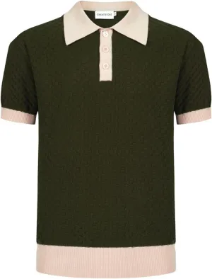 OXKNIT Men's Short Sleeve Vintage Polo Shirt Textured Casual Knit Retro Dark Green Golf Polo Shirts