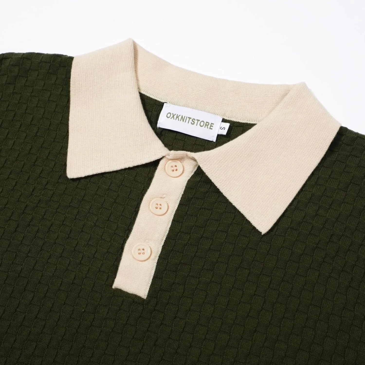 OXKNIT Men's Short Sleeve Vintage Polo Shirt Textured Casual Knit Retro Dark Green Golf Polo Shirts