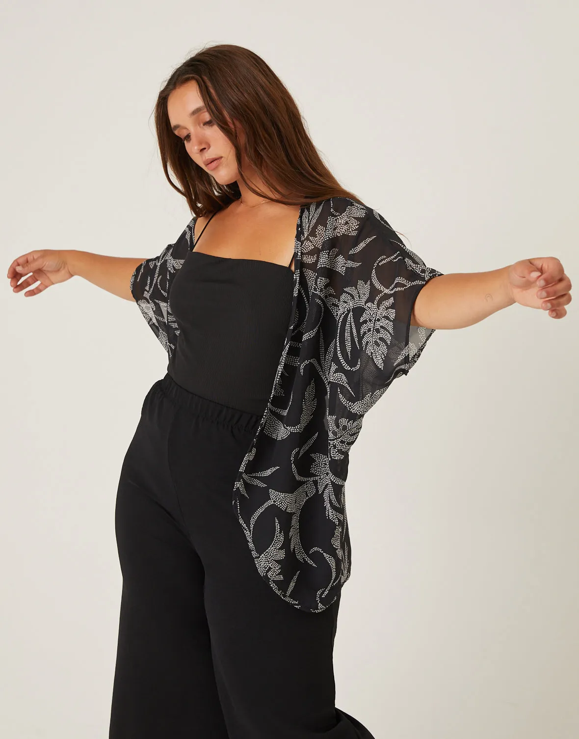Plus Size Dotted Leaf Chiffon Cardigan