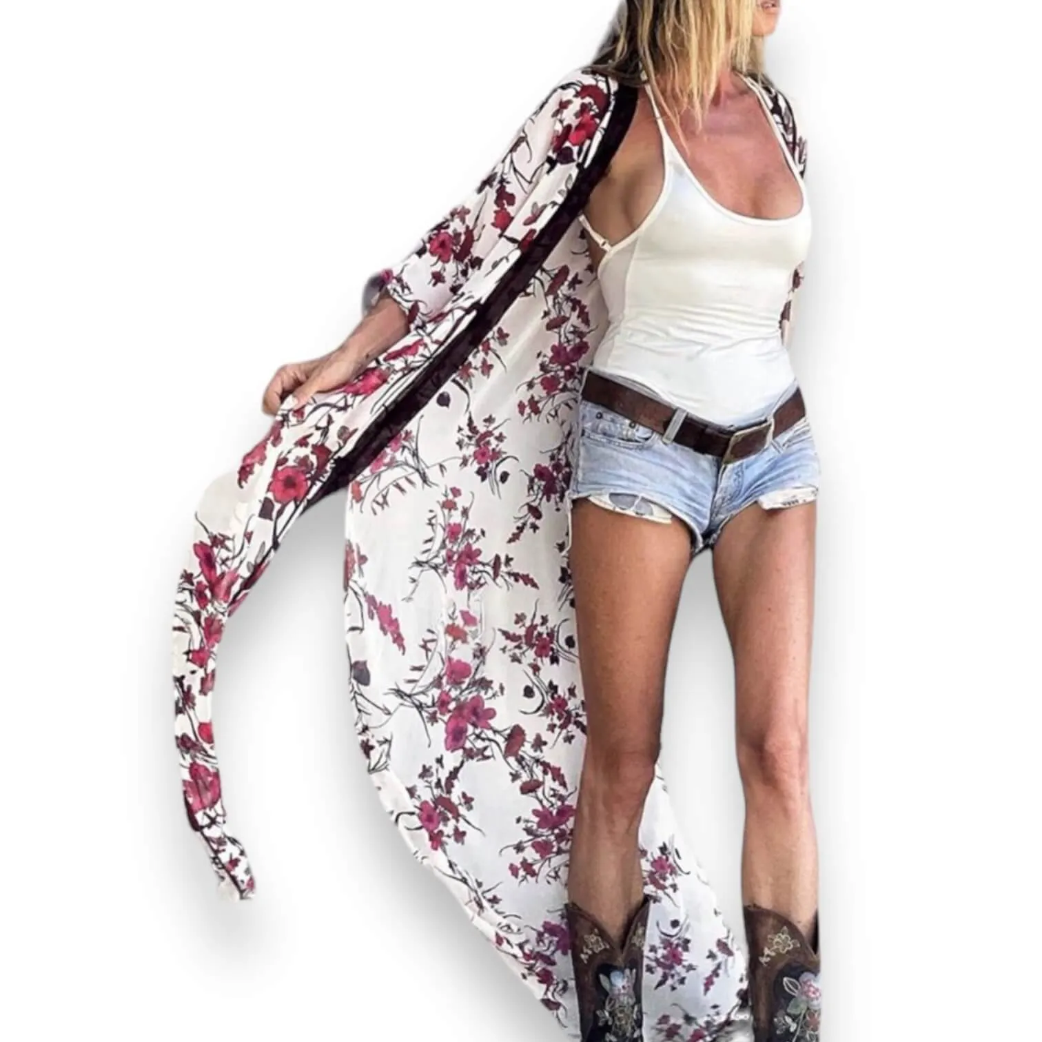 Plus Size Floral Long Kimono Robe
