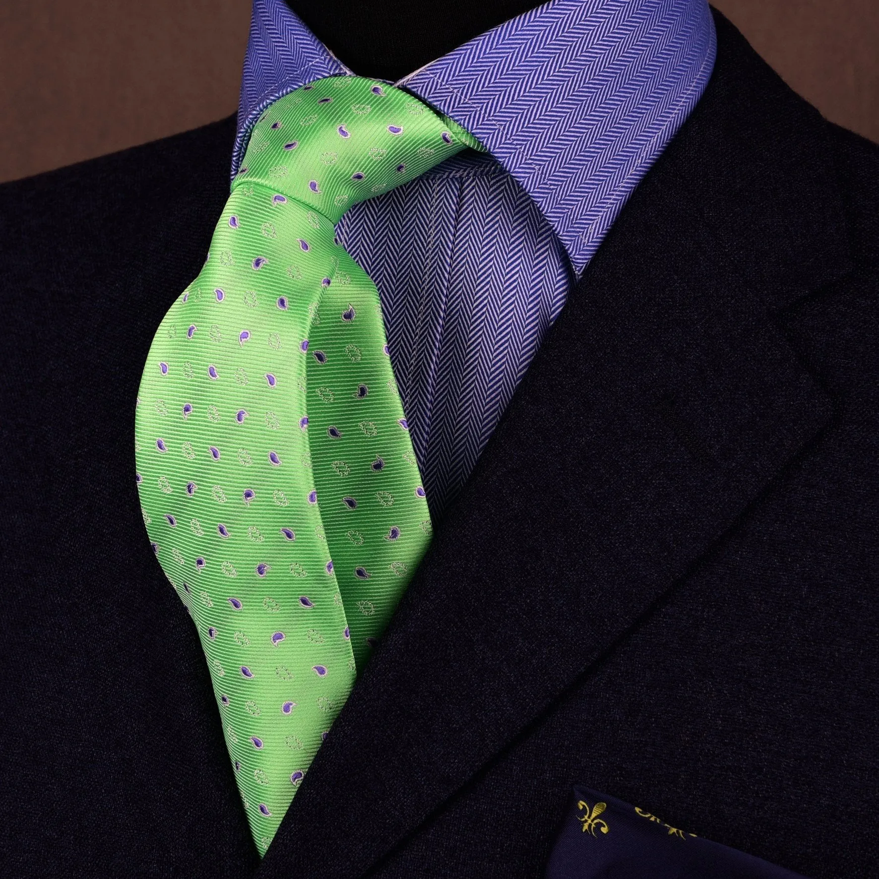 Purple Ego Paisley Droplet Hollow Green Contrast Woven Tie 3"