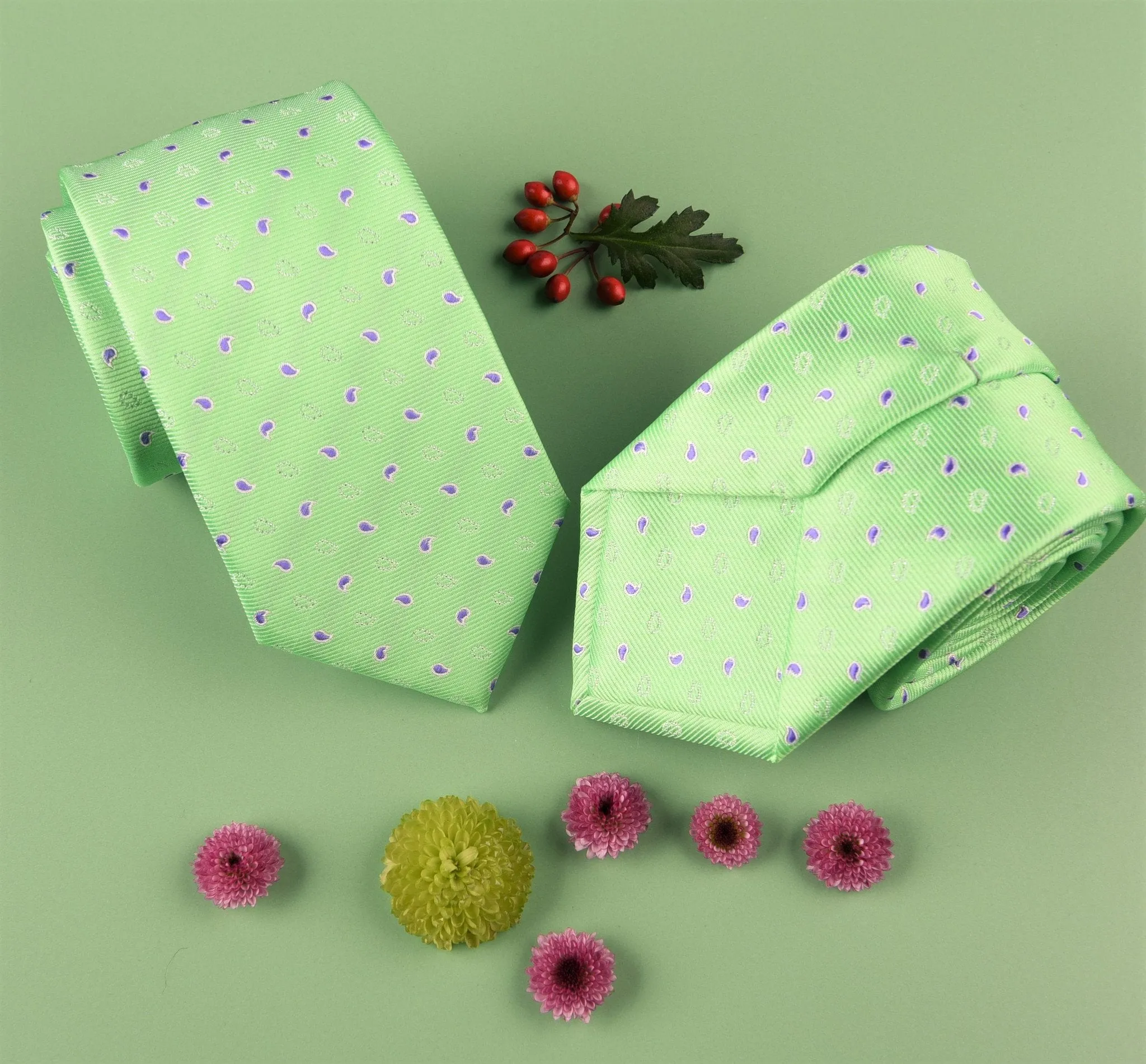 Purple Ego Paisley Droplet Hollow Green Contrast Woven Tie 3"