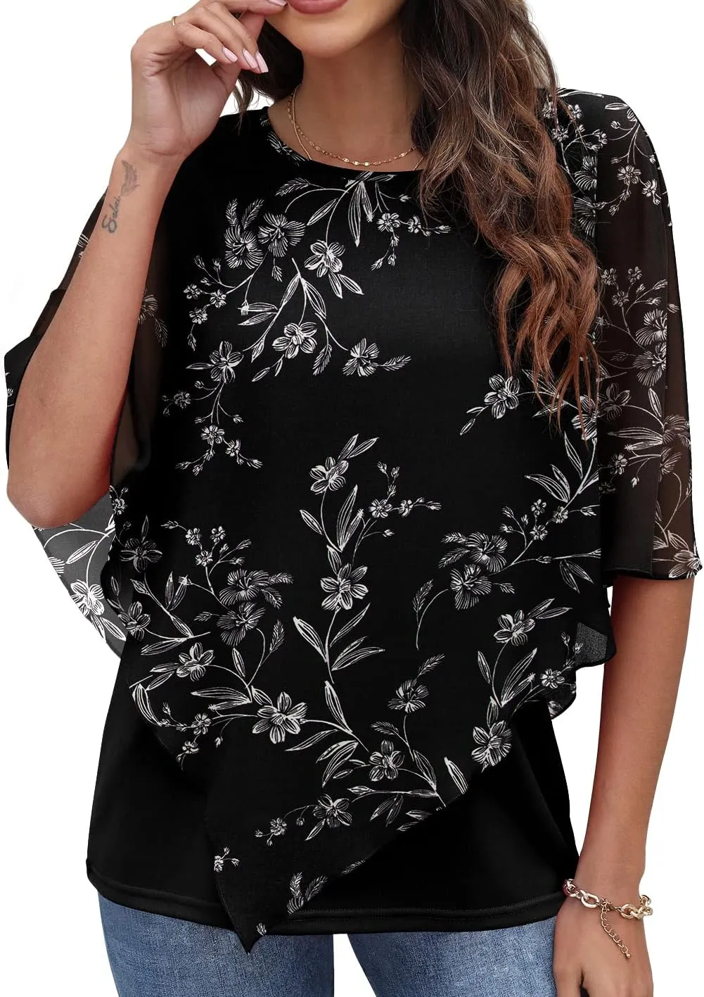 QIXING Women's Summer Casual Loose Chiffon Flowy Tops Elegant Blouses