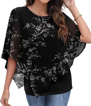 QIXING Women's Summer Casual Loose Chiffon Flowy Tops Elegant Blouses