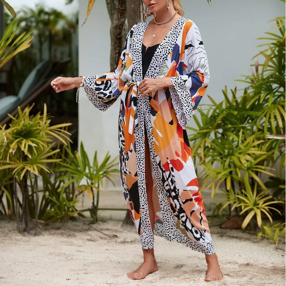 RanRui Kimono Robe Women Open Front Kimono Duster Robes with Belt Loose Over Sized