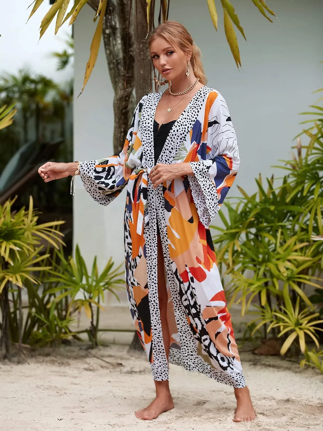 RanRui Kimono Robe Women Open Front Kimono Duster Robes with Belt Loose Over Sized