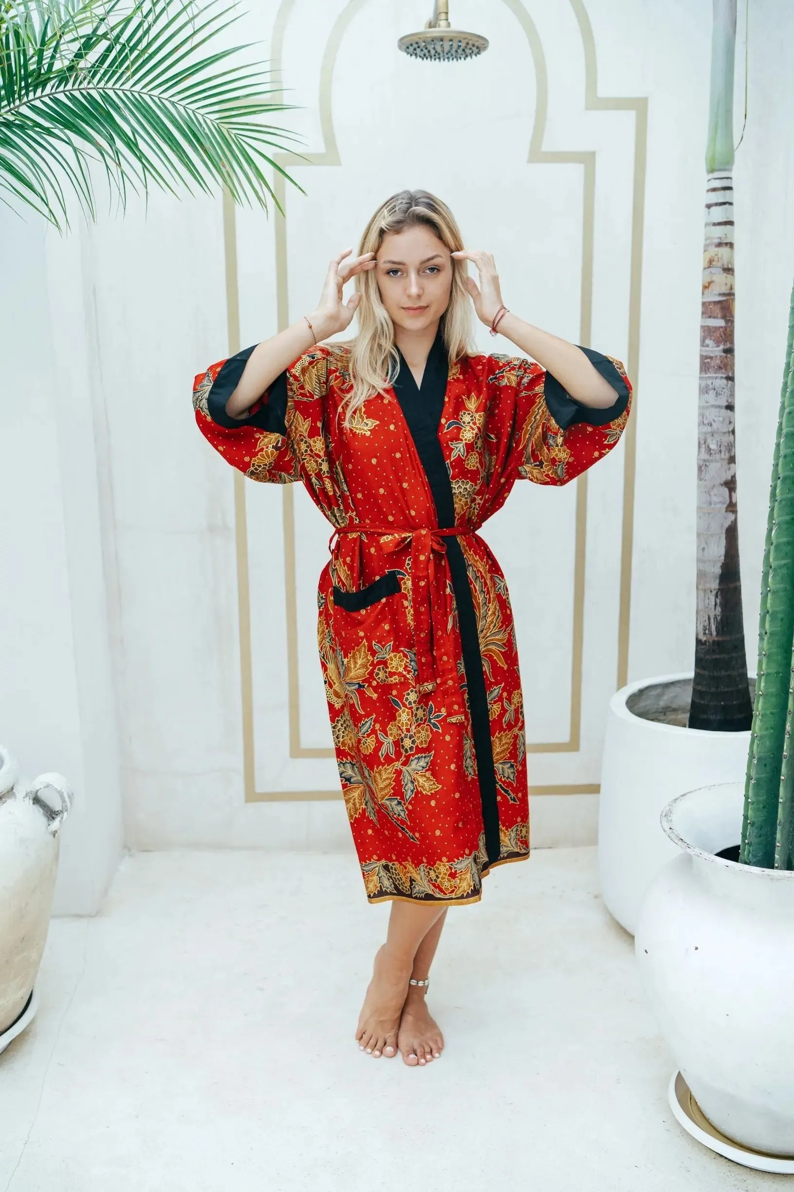 Red and Gold Cotton Kimono Robe