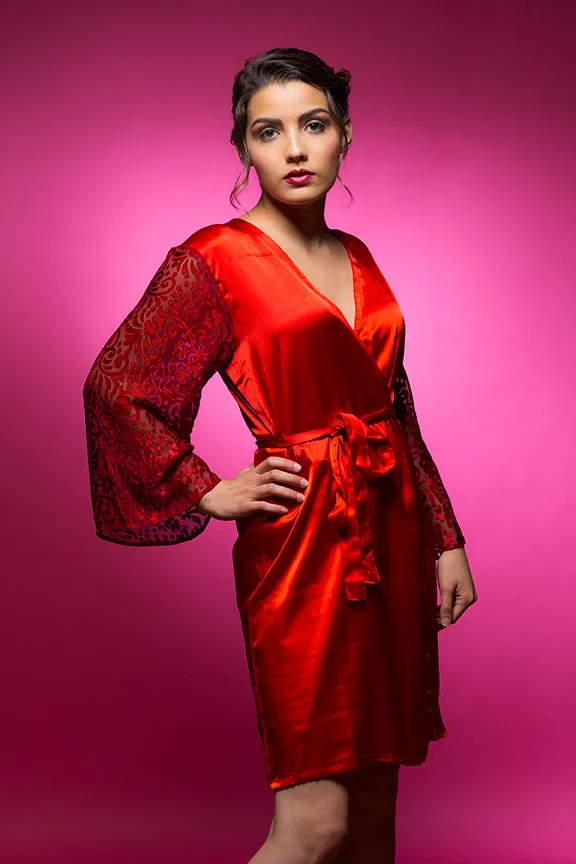 Ruby Red Satin Robe with Brasso Sleeves