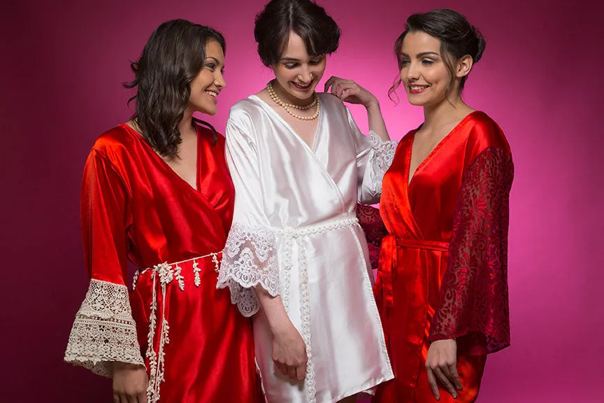Ruby Red Satin Robe with Lace Accented Cuff