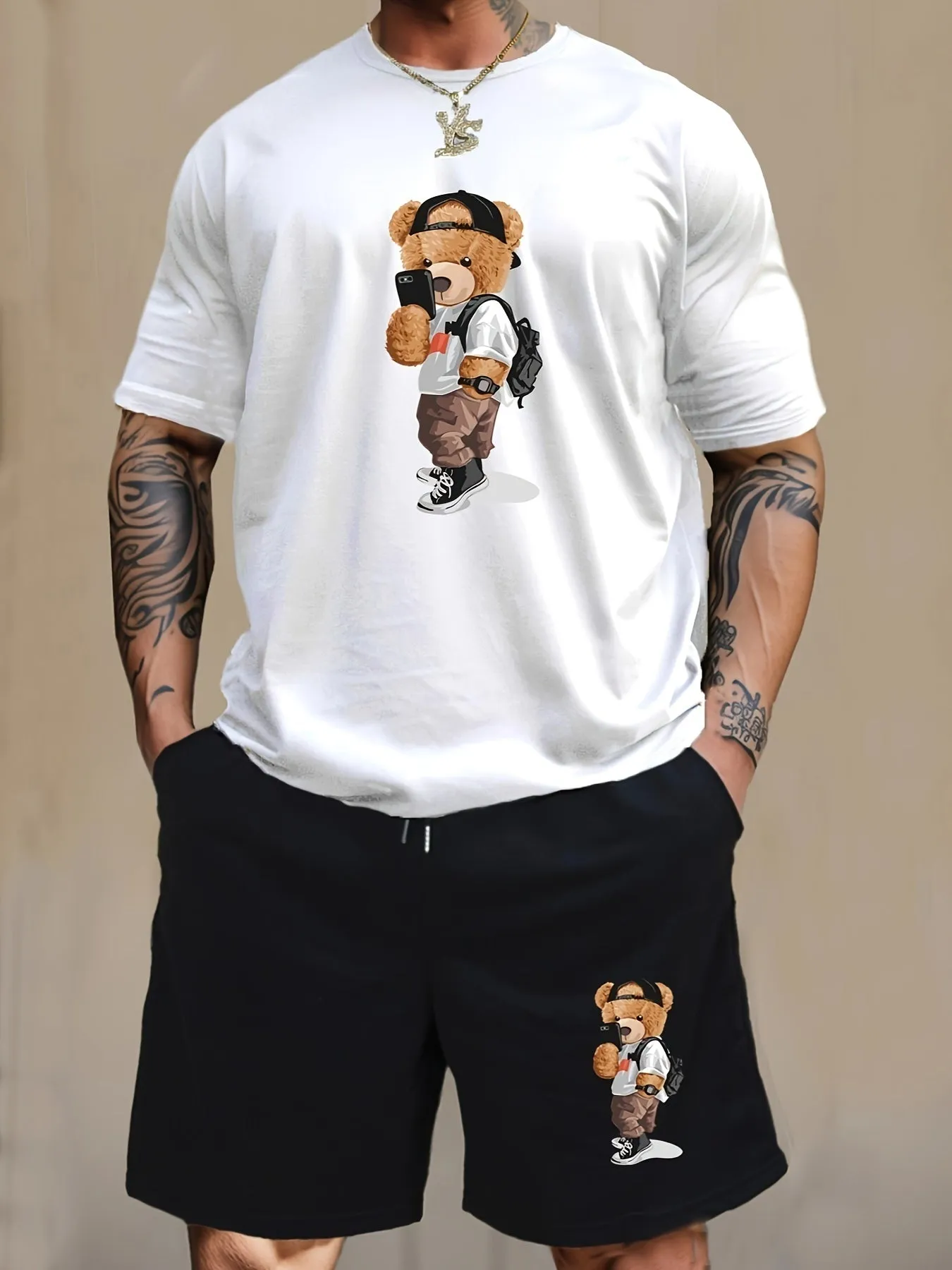 Selfie Bear Cartoon Print Mens Loungewear Set Cool  Stylish