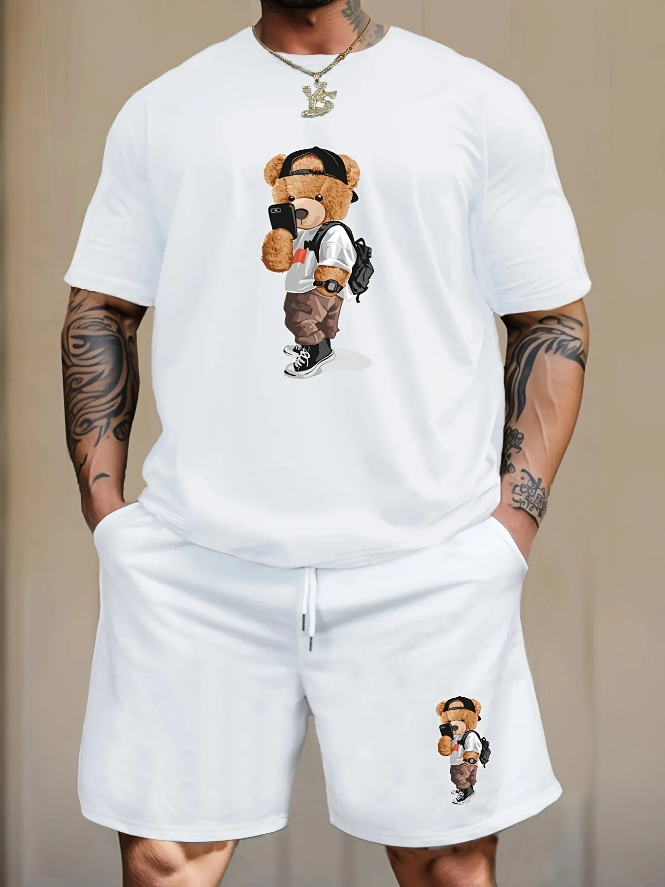 Selfie Bear Cartoon Print Mens Loungewear Set Cool  Stylish
