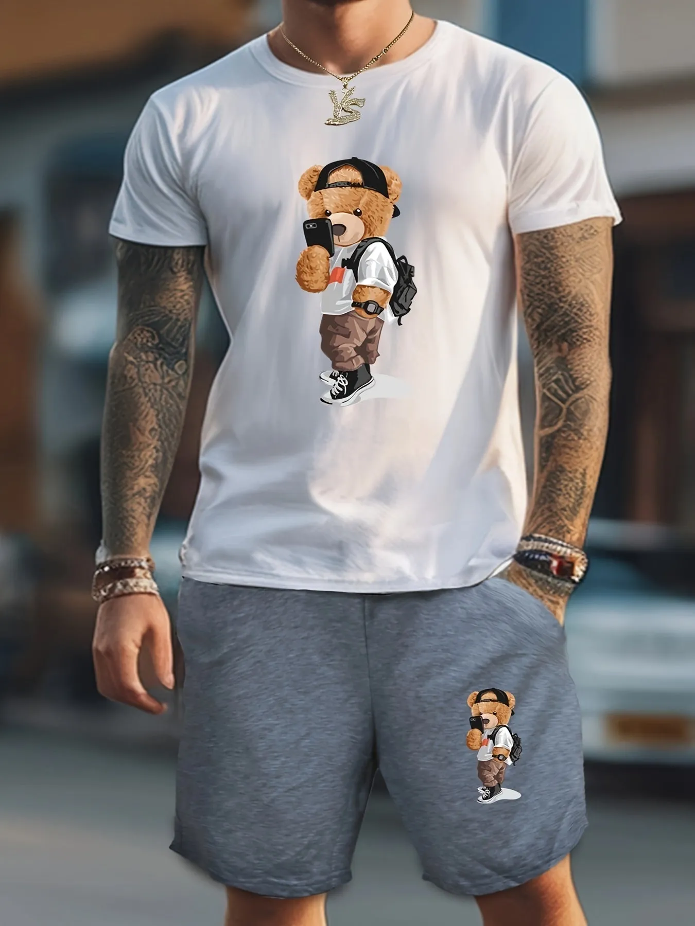 Selfie Bear Cartoon Print Mens Loungewear Set Cool  Stylish