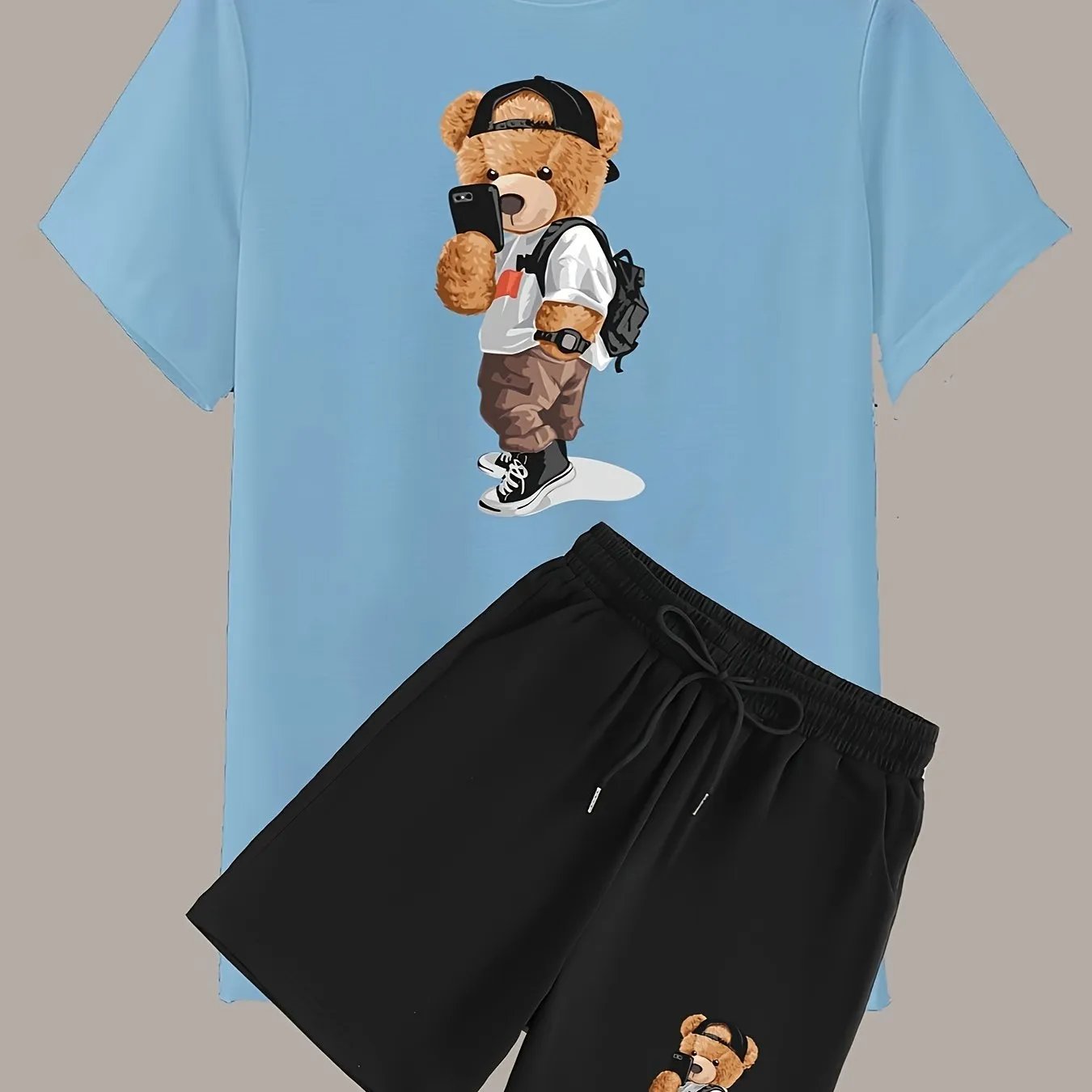 Selfie Bear Cartoon Print Mens Loungewear Set Cool  Stylish