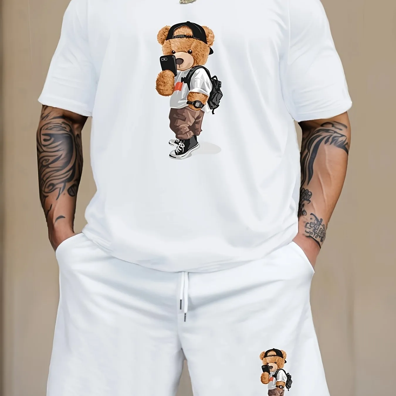 Selfie Bear Cartoon Print Mens Loungewear Set Cool  Stylish