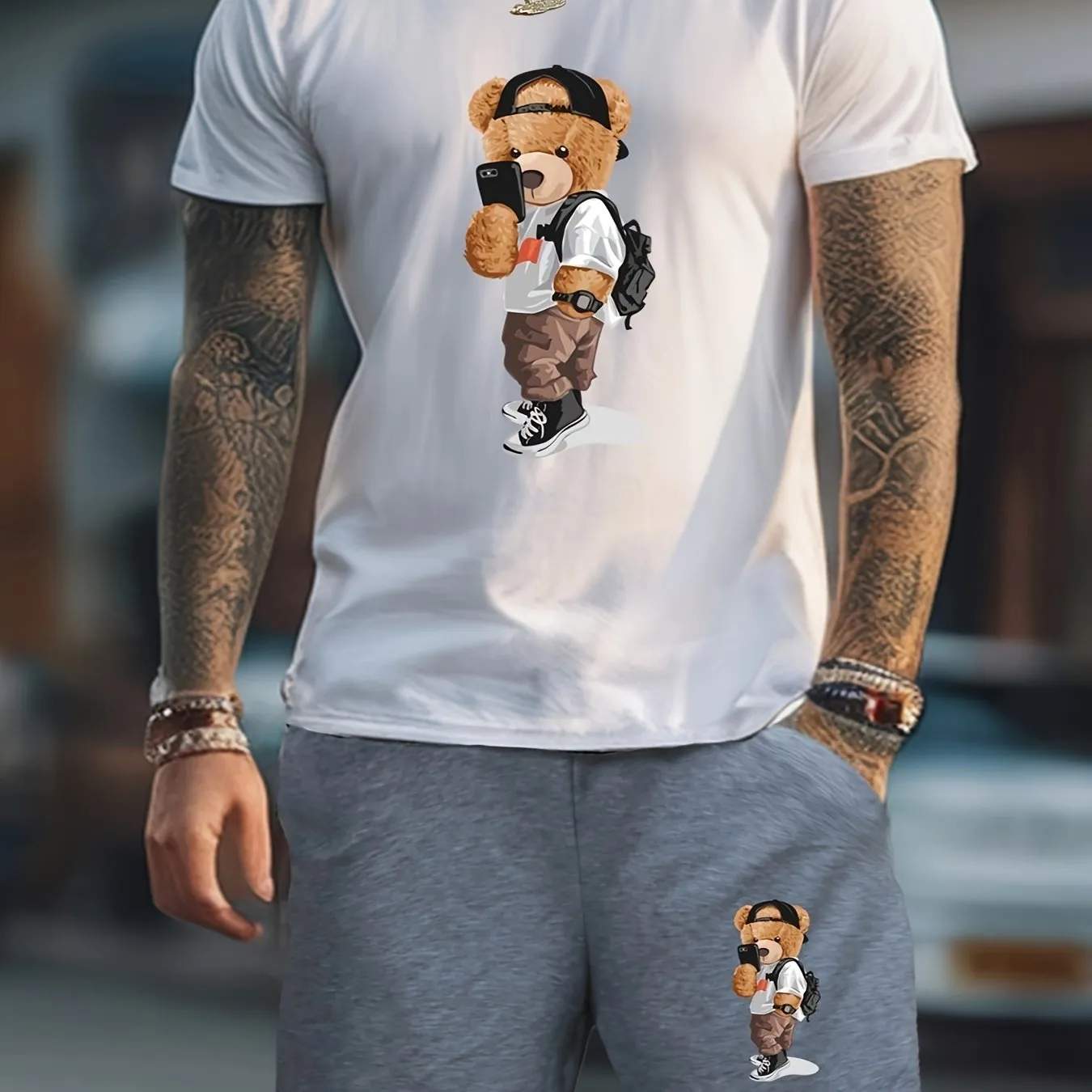Selfie Bear Cartoon Print Mens Loungewear Set Cool  Stylish