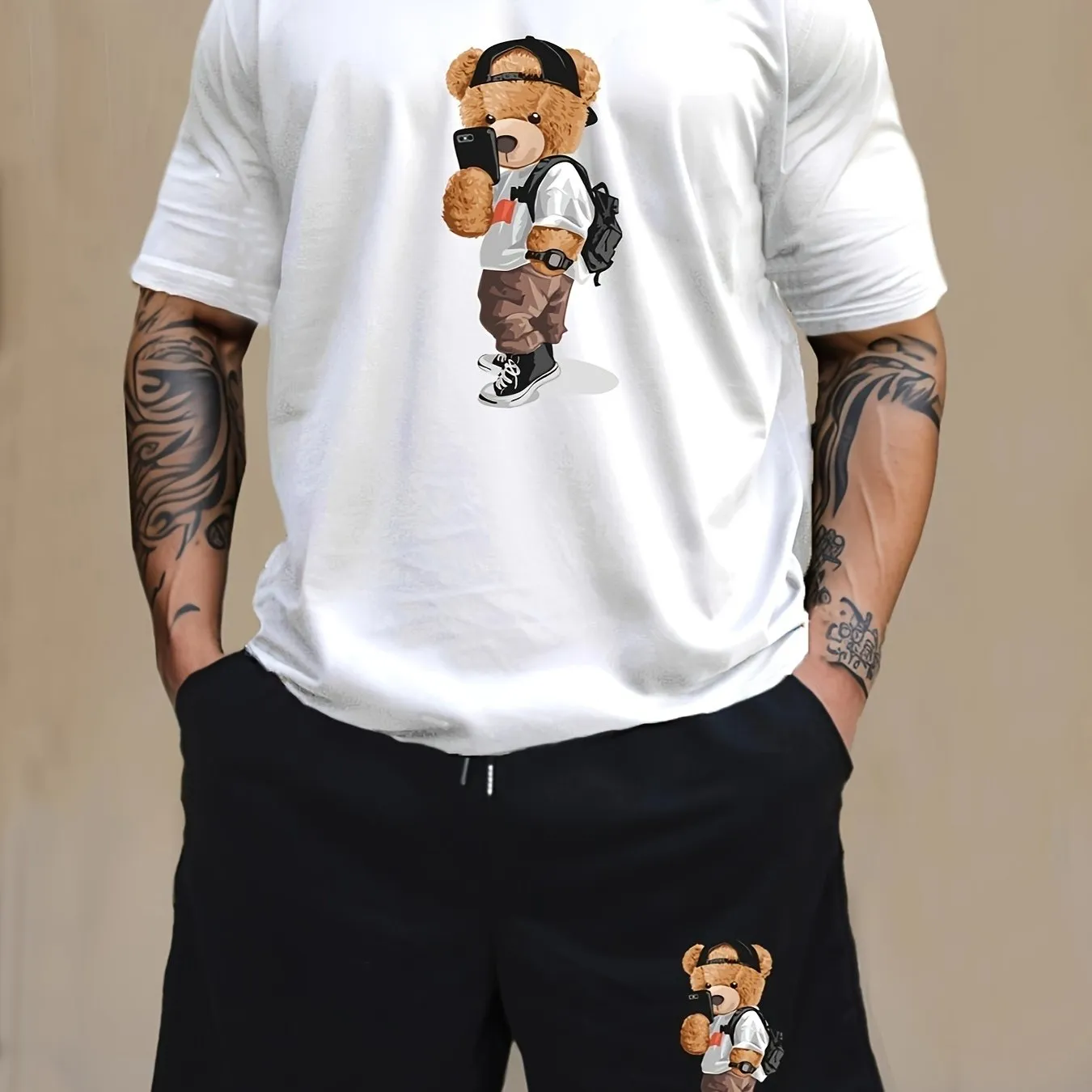 Selfie Bear Cartoon Print Mens Loungewear Set Cool  Stylish