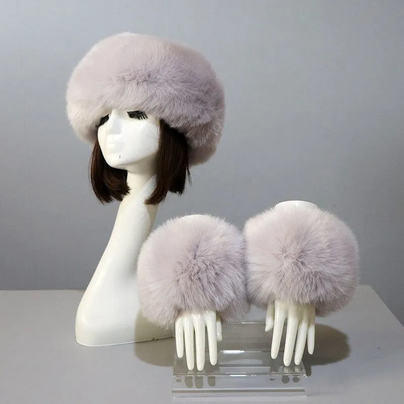 Set of Thick and Fluffy Faux Fur Headband and Elastic Cuffs Winter Warmer
