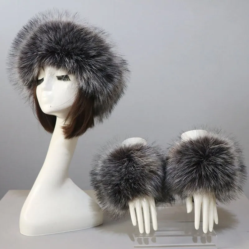 Set of Thick and Fluffy Faux Fur Headband and Elastic Cuffs Winter Warmer