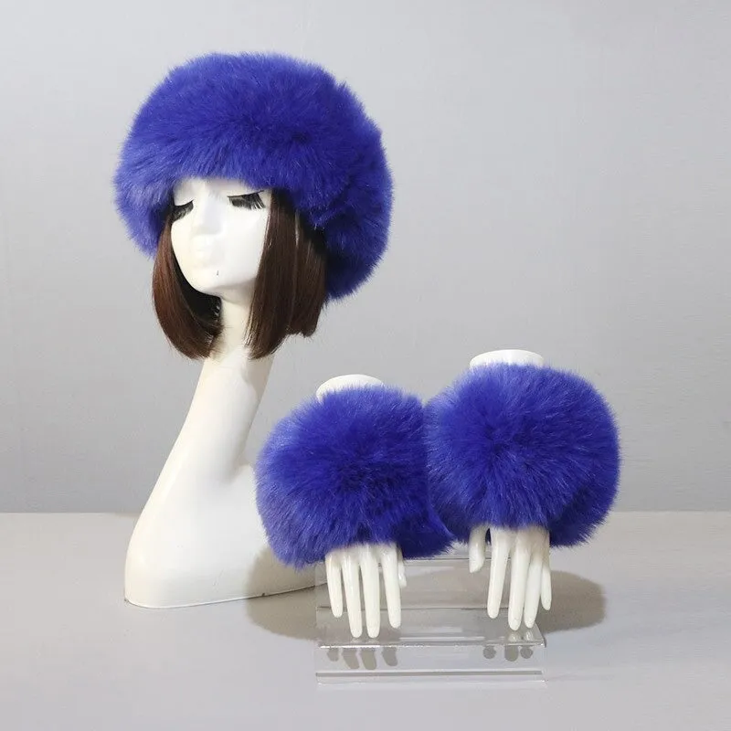 Set of Thick and Fluffy Faux Fur Headband and Elastic Cuffs Winter Warmer
