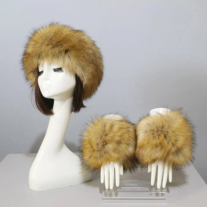 Set of Thick and Fluffy Faux Fur Headband and Elastic Cuffs Winter Warmer