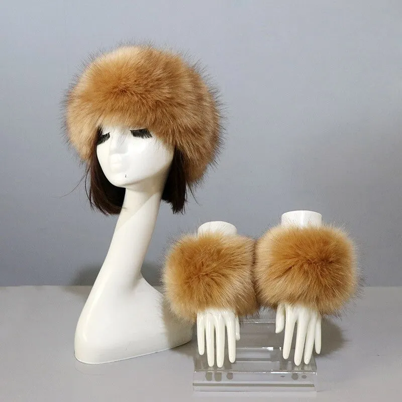 Set of Thick and Fluffy Faux Fur Headband and Elastic Cuffs Winter Warmer