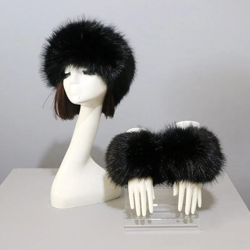 Set of Thick and Fluffy Faux Fur Headband and Elastic Cuffs Winter Warmer