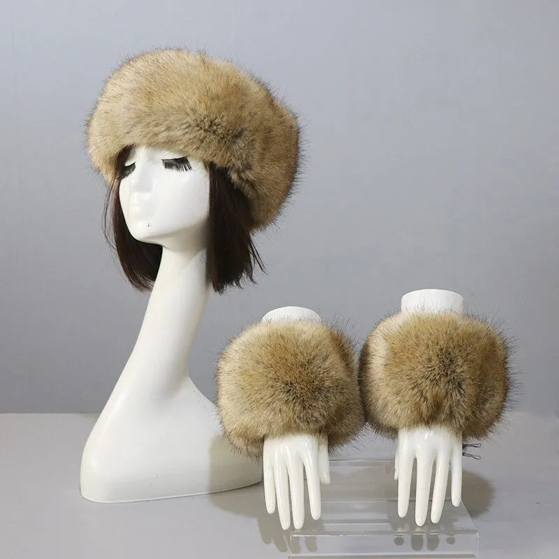 Set of Thick and Fluffy Faux Fur Headband and Elastic Cuffs Winter Warmer