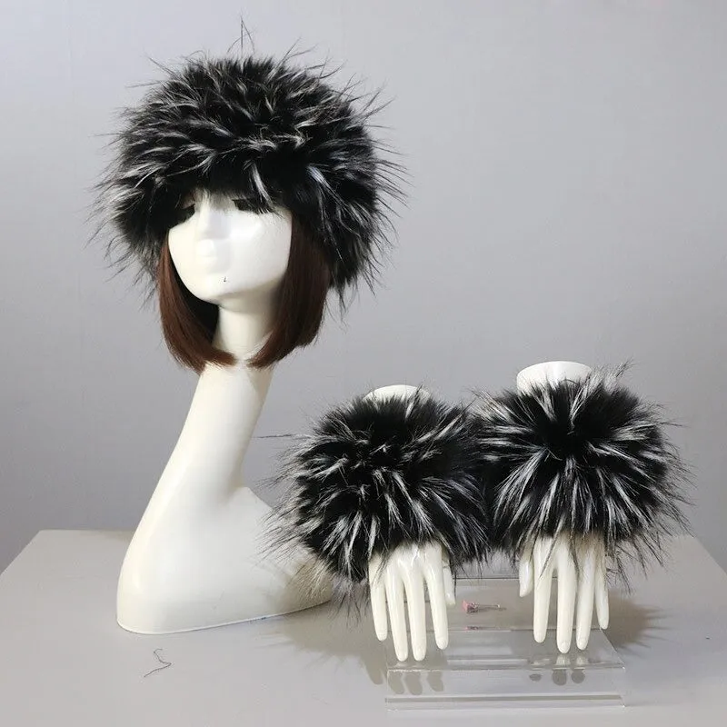Set of Thick and Fluffy Faux Fur Headband and Elastic Cuffs Winter Warmer
