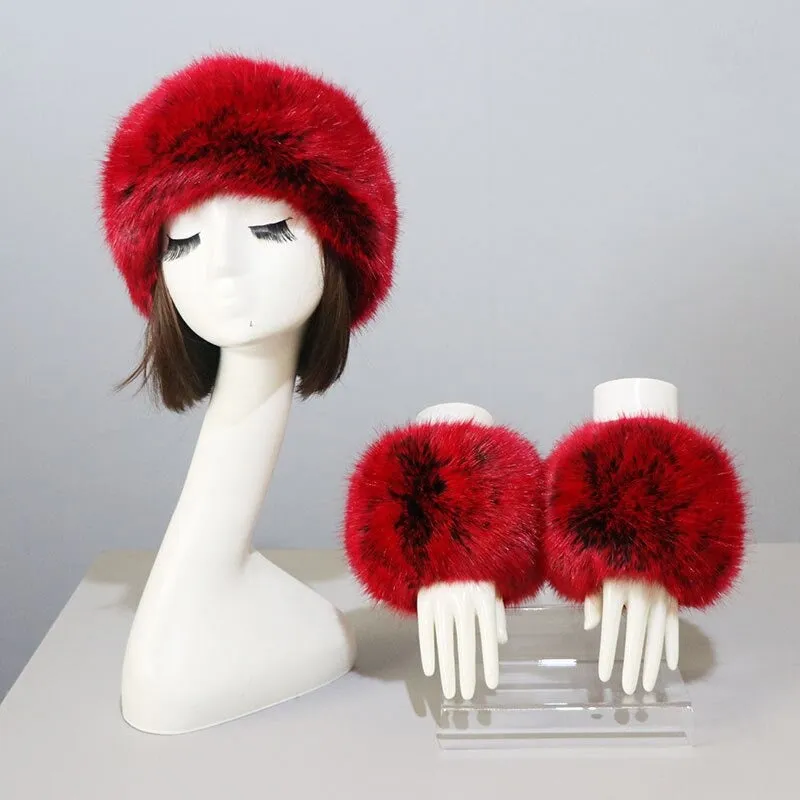 Set of Thick and Fluffy Faux Fur Headband and Elastic Cuffs Winter Warmer