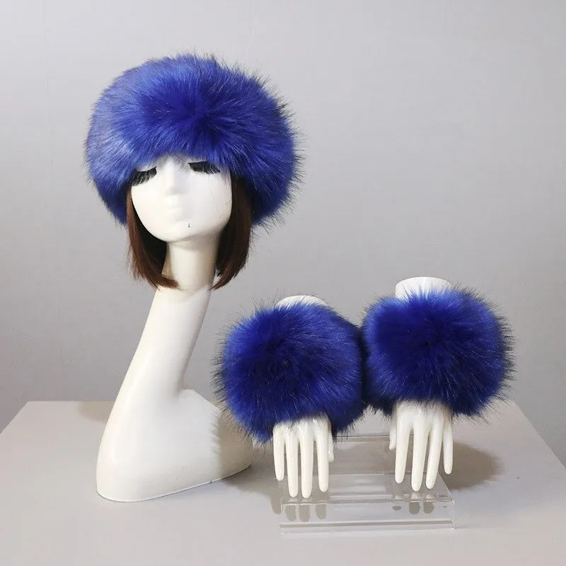 Set of Thick and Fluffy Faux Fur Headband and Elastic Cuffs Winter Warmer