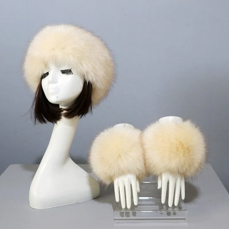 Set of Thick and Fluffy Faux Fur Headband and Elastic Cuffs Winter Warmer