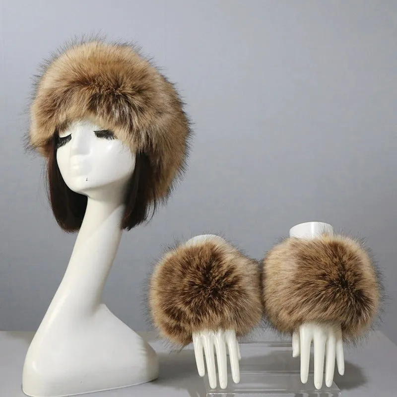 Set of Thick and Fluffy Faux Fur Headband and Elastic Cuffs Winter Warmer